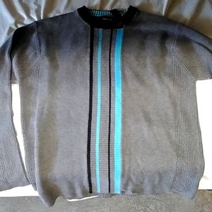 Claiborne XL Sweater, grey with blue and black stripes going down middle of fron